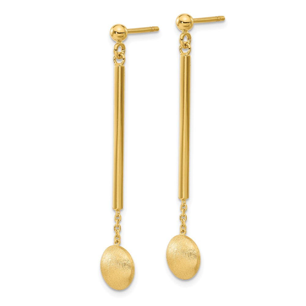 14k Yellow Gold Polished Bar with Brushed Bead Dangle Earrings