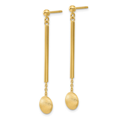 14k Yellow Gold Polished Bar with Brushed Bead Dangle Earrings