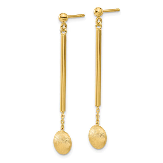 14k Yellow Gold Polished Bar with Brushed Bead Dangle Earrings