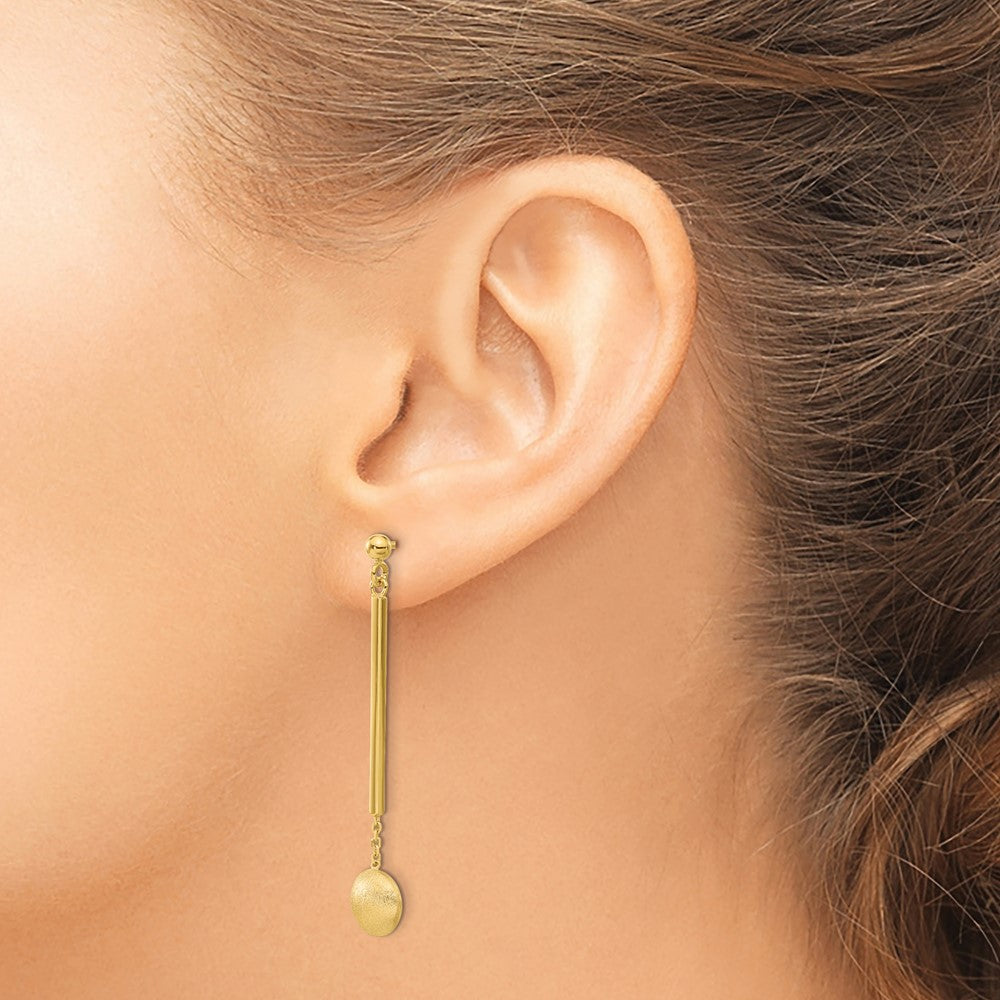 14k Yellow Gold Polished Bar with Brushed Bead Dangle Earrings
