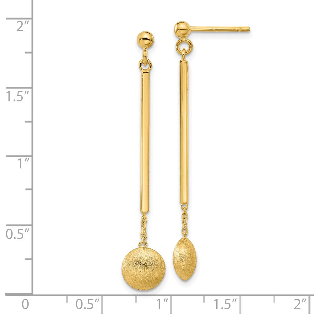 14k Yellow Gold Polished Bar with Brushed Bead Dangle Earrings
