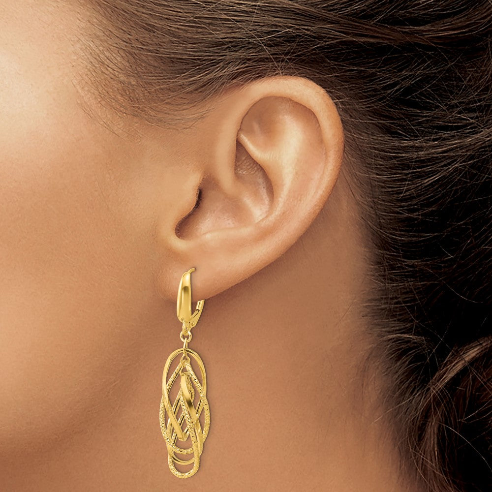14k Yellow Gold Polished and Textured Ovals Dangle Earrings