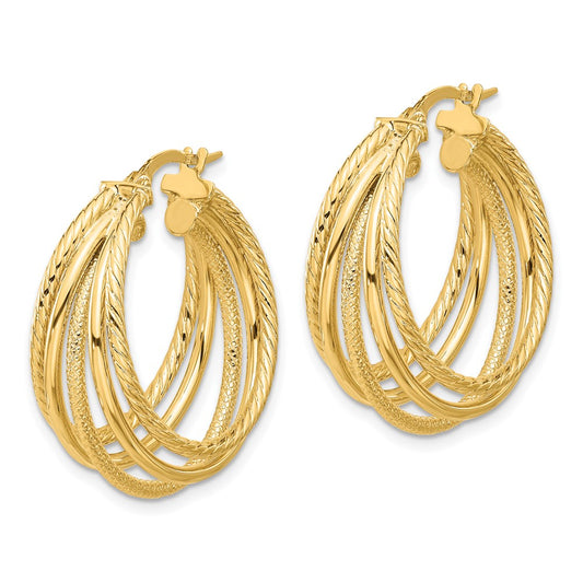14k Yellow Gold Polished and Multi Textured Hoop Earrings