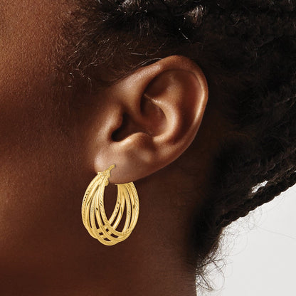 14k Yellow Gold Polished and Multi Textured Hoop Earrings