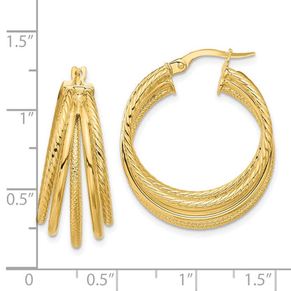14k Yellow Gold Polished and Multi Textured Hoop Earrings
