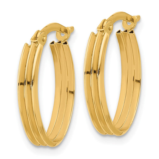 14k Yellow Gold Polished and Grooved Oval Hoop Earrings