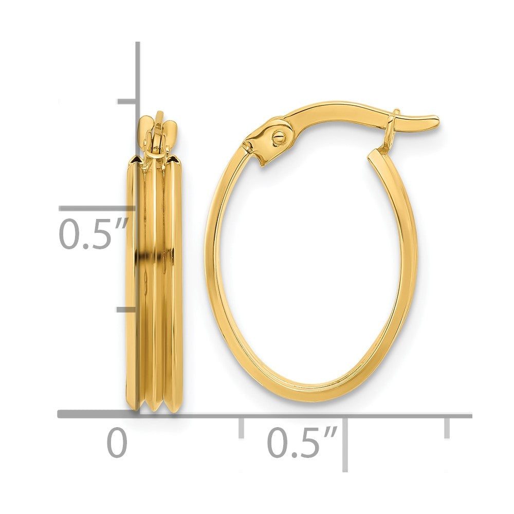 14k Yellow Gold Polished and Grooved Oval Hoop Earrings