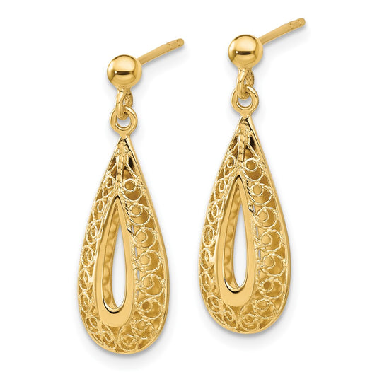 14k Yellow Gold Filigree Teardrop Post Dangle Earrings