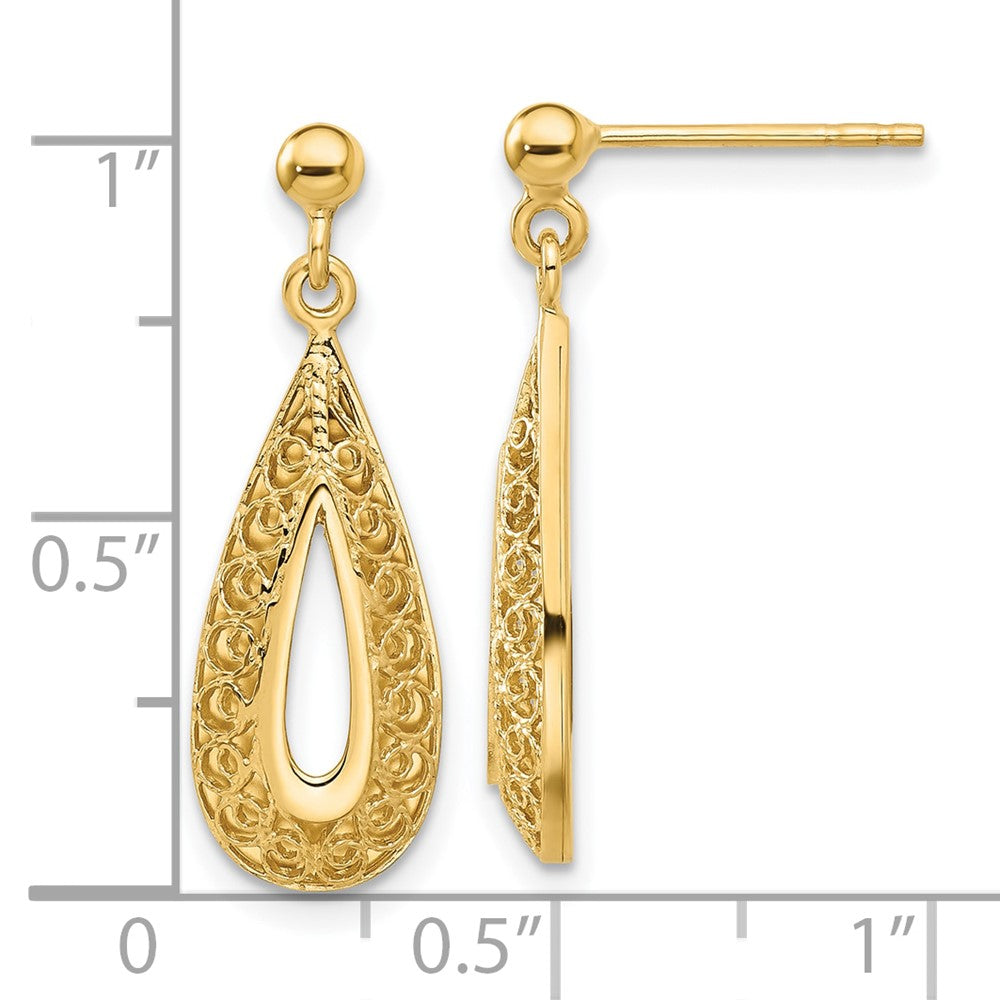 14k Yellow Gold Filigree Teardrop Post Dangle Earrings