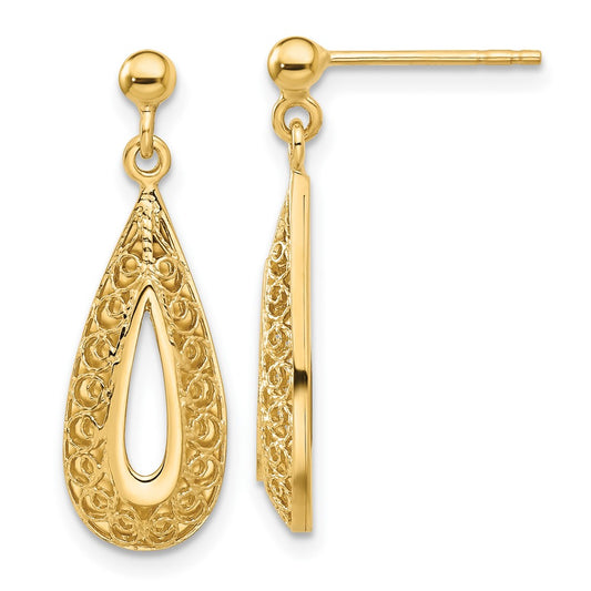 14k Yellow Gold Filigree Teardrop Post Dangle Earrings