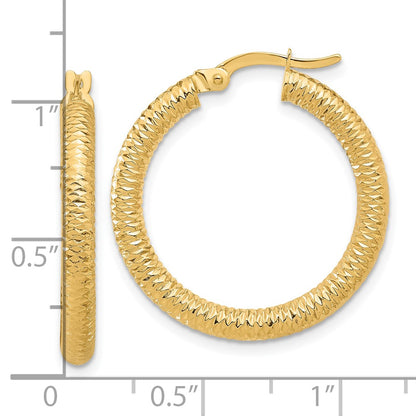 14k Yellow Gold Diamond-Cut Round Hoop Earrings