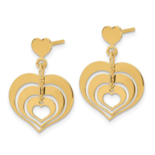 14k Yellow Gold Polished Hearts Dangle Earrings