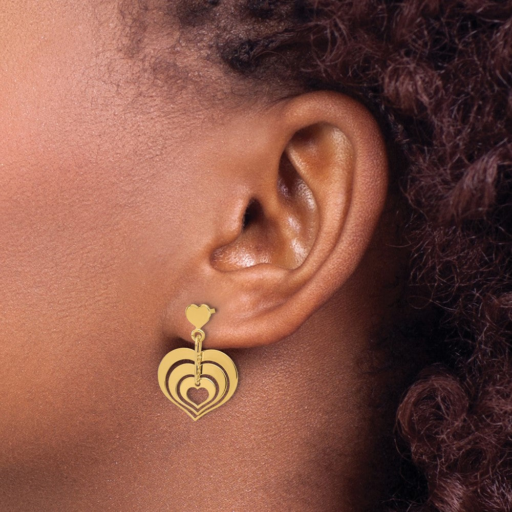 14k Yellow Gold Polished Hearts Dangle Earrings