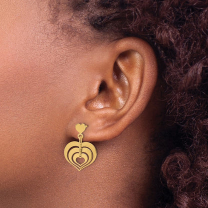 14k Yellow Gold Polished Hearts Dangle Earrings