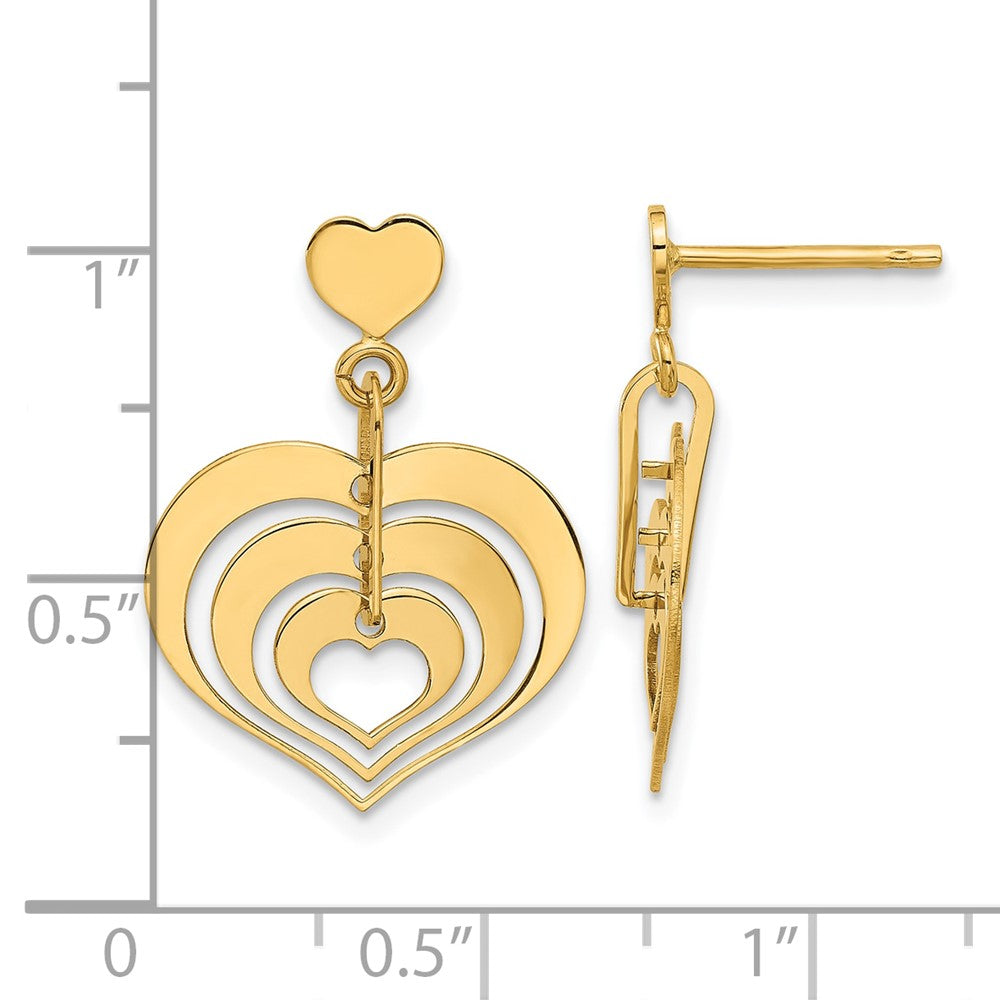 14k Yellow Gold Polished Hearts Dangle Earrings