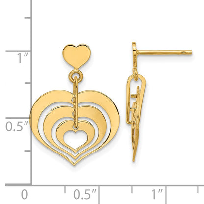 14k Yellow Gold Polished Hearts Dangle Earrings
