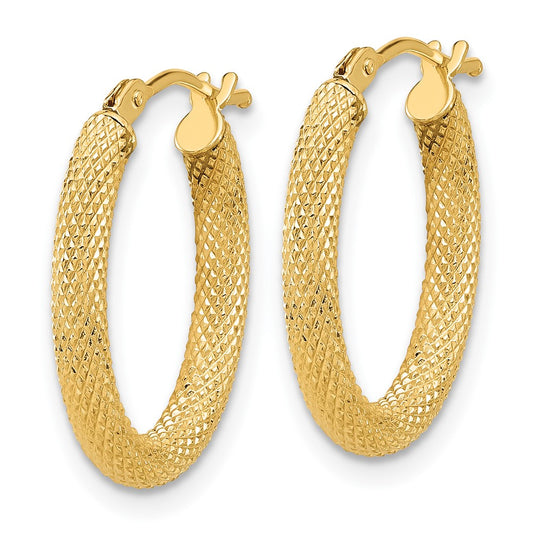 14k Yellow Gold Polished and Textured Oval Hoop Earrings