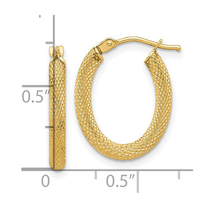 14k Yellow Gold Polished and Textured Oval Hoop Earrings
