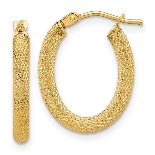 14k Yellow Gold Polished and Textured Oval Hoop Earrings