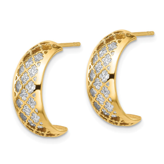 14k Yellow Gold with White Rhodium Polished and Diamond-cut J-Hoop Earrings