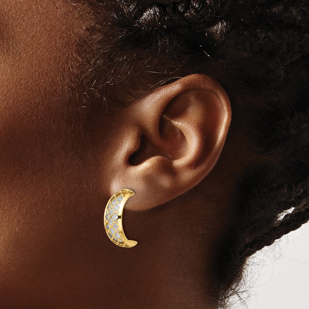 14k Yellow Gold with White Rhodium Polished and Diamond-cut J-Hoop Earrings
