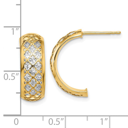 14k Yellow Gold with White Rhodium Polished and Diamond-cut J-Hoop Earrings