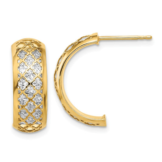 14k Yellow Gold with White Rhodium Polished and Diamond-cut J-Hoop Earrings