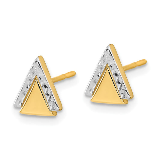 14k Yellow Gold with Rhodium Polished and Diamond-cut Triangle Stud Earrings