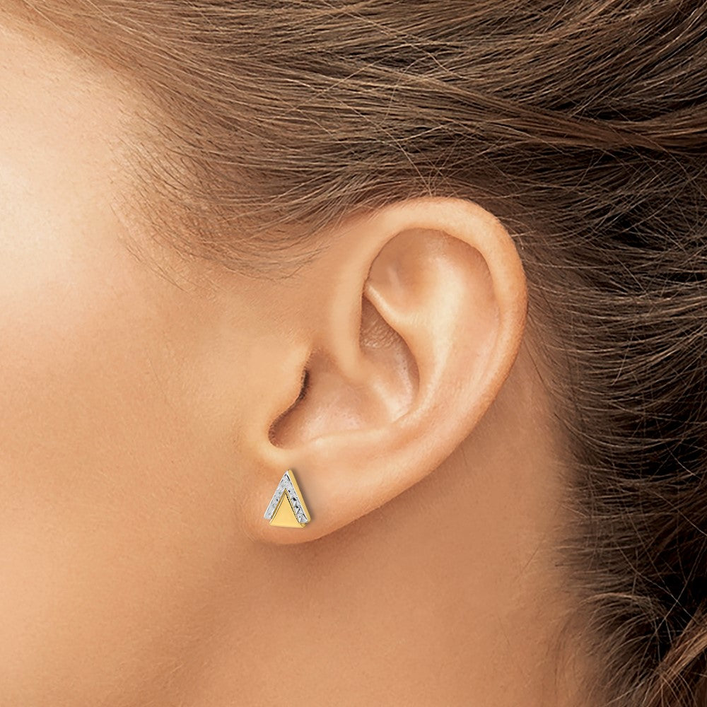 14k Yellow Gold with Rhodium Polished and Diamond-cut Triangle Stud Earrings