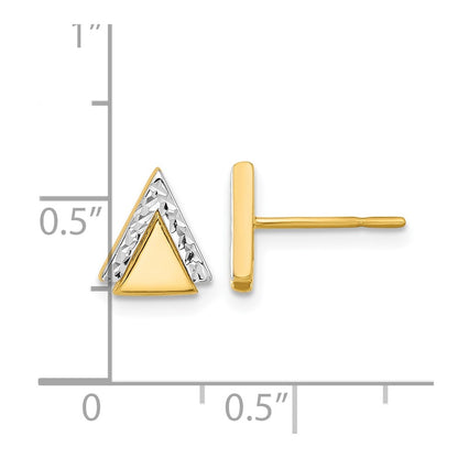 14k Yellow Gold with Rhodium Polished and Diamond-cut Triangle Stud Earrings