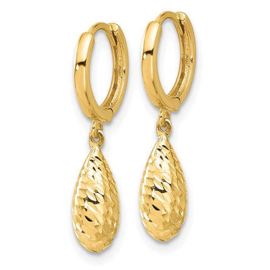 14k Yellow Gold Polished and Diamond-cut Dangle Hoop Earrings