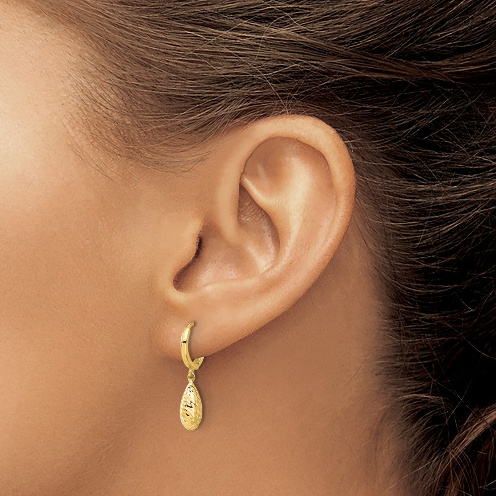 14k Yellow Gold Polished and Diamond-cut Dangle Hoop Earrings