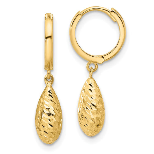 14k Yellow Gold Polished and Diamond-cut Dangle Hoop Earrings