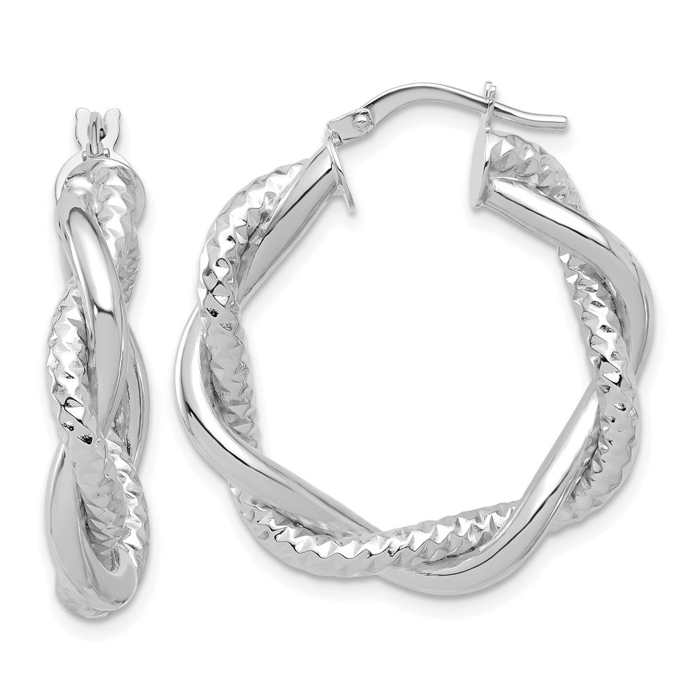 14K White Gold Polished and Textured Twisted Round Hoop Earrings