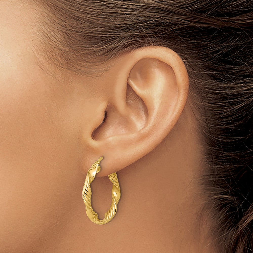 14k Yellow Gold Polished and Textured Round Hoop Earrings