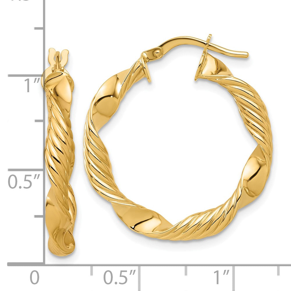 14k Yellow Gold Polished and Textured Round Hoop Earrings
