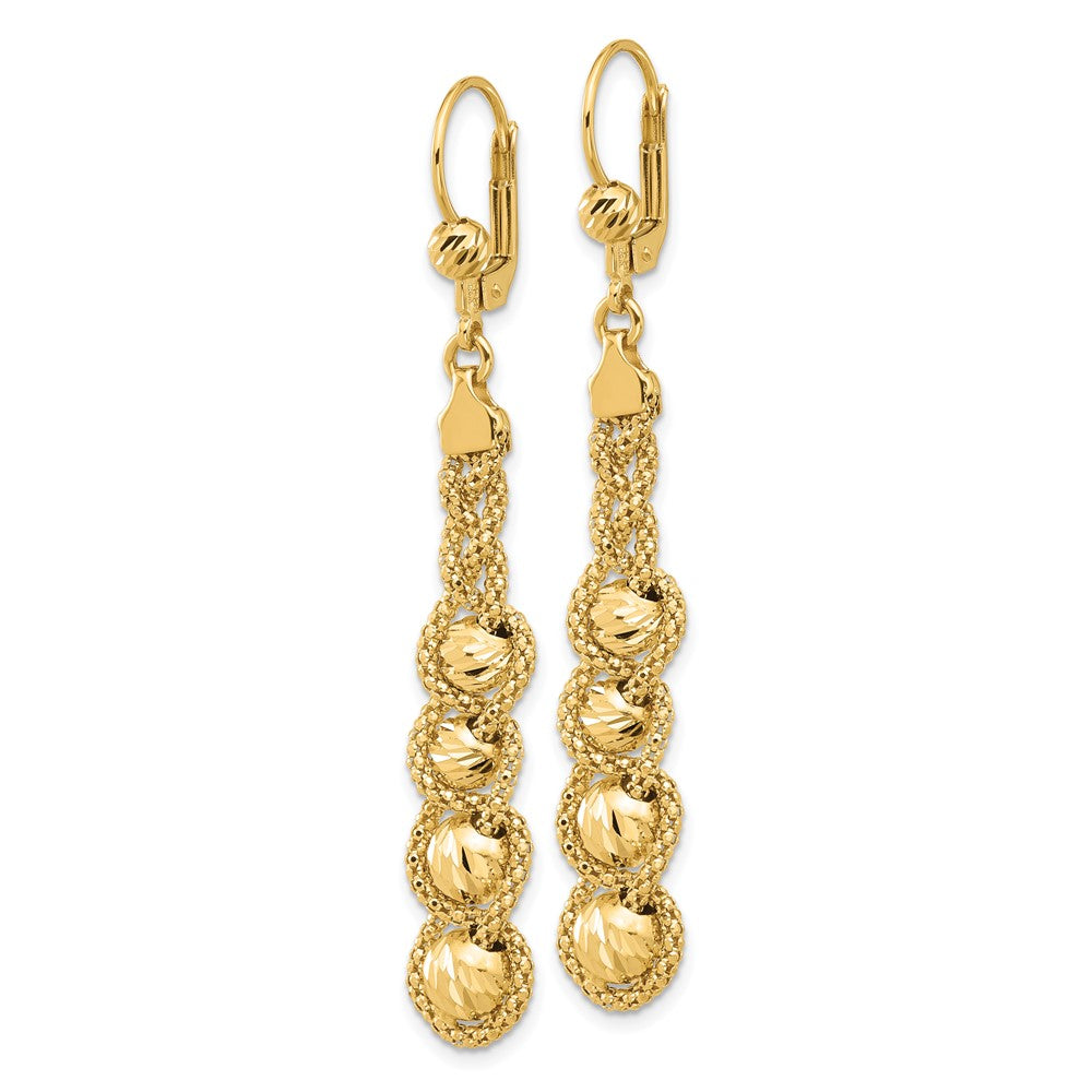 14k Yellow Gold Polished Textured and Diamond-cut Beaded Leverback Dangle Earrings