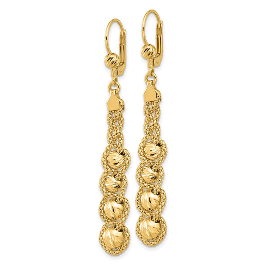 14k Yellow Gold Polished Textured and Diamond-cut Beaded Leverback Dangle Earrings