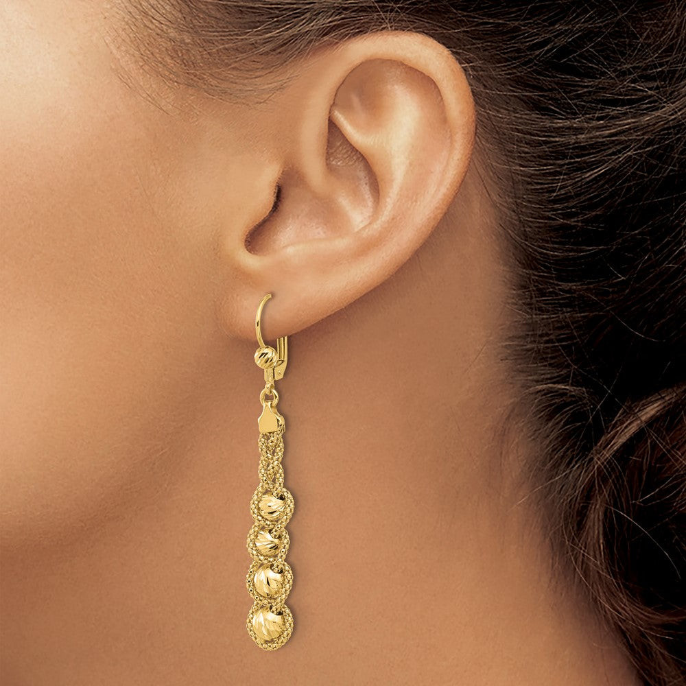 14k Yellow Gold Polished Textured and Diamond-cut Beaded Leverback Dangle Earrings