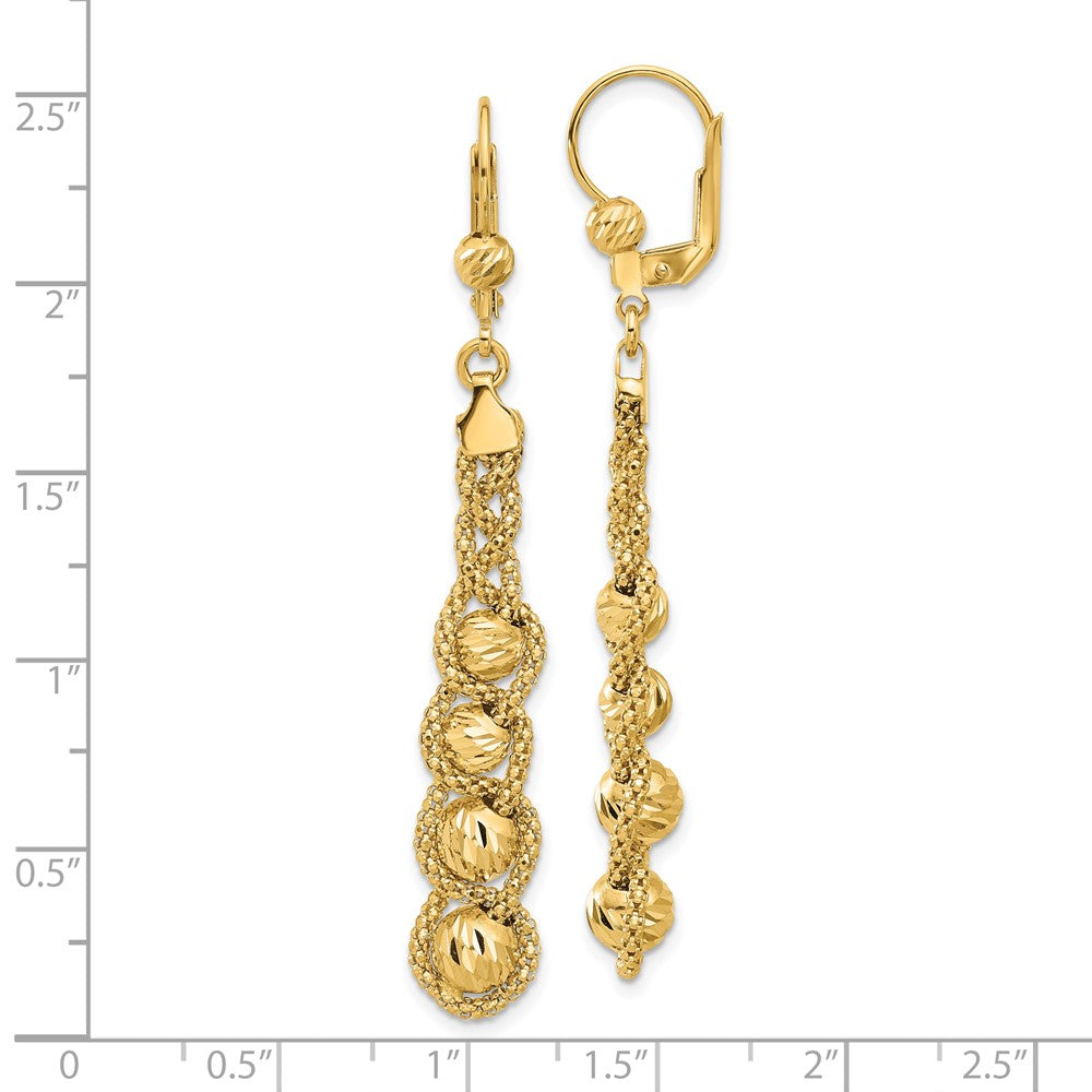 14k Yellow Gold Polished Textured and Diamond-cut Beaded Leverback Dangle Earrings