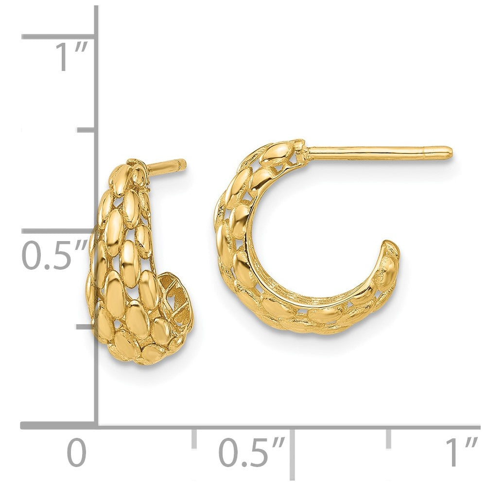14k Yellow Gold Polished and Textured J-Hoop Earrings