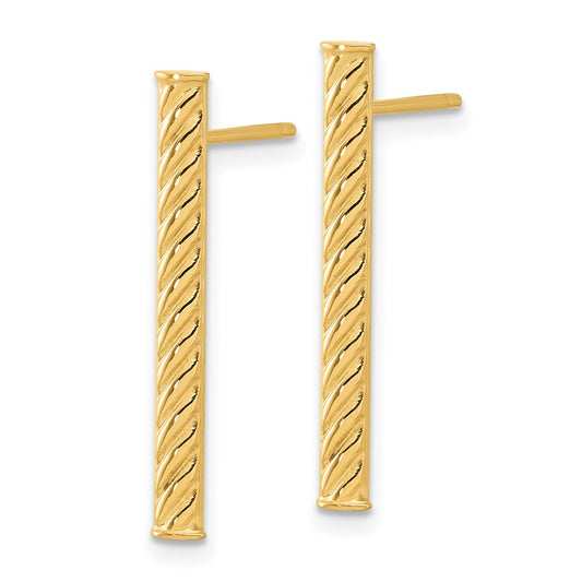 14k Yellow Gold Polished and Textured Bar Stud Earrings