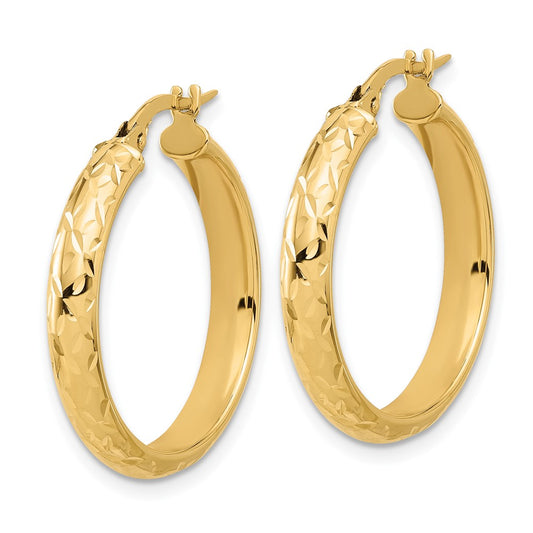 14k Yellow Gold Polished and Diamond-cut Round Hoop Earrings