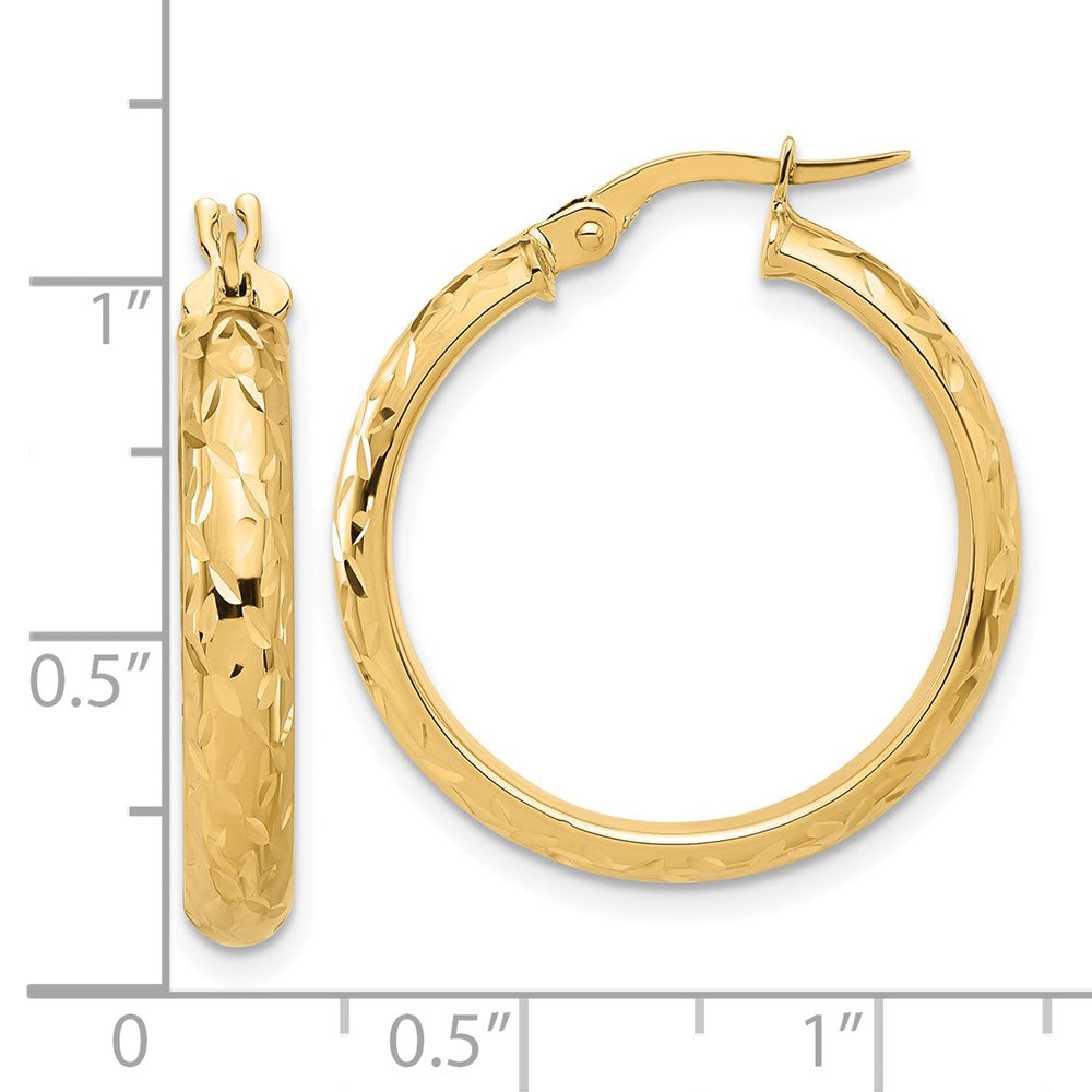 14k Yellow Gold Polished and Diamond-cut Round Hoop Earrings