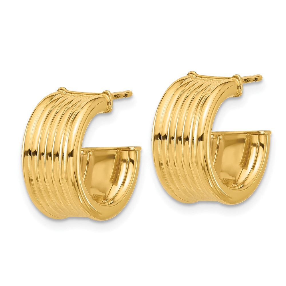 14k Yellow Gold Polished and Grooved J-Hoop Earrings