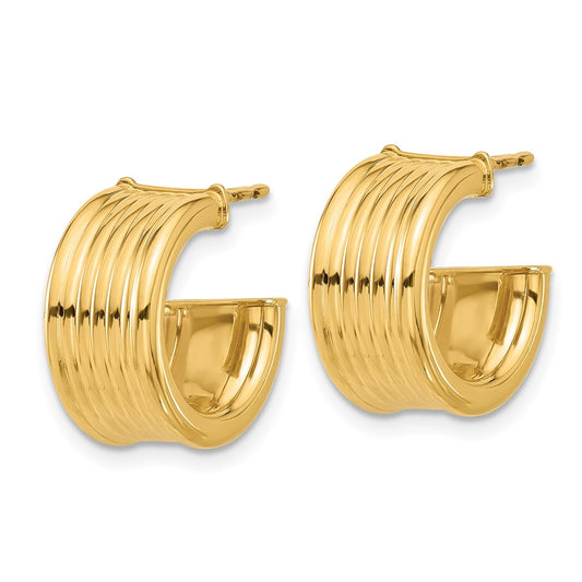 14k Yellow Gold Polished and Grooved J-Hoop Earrings