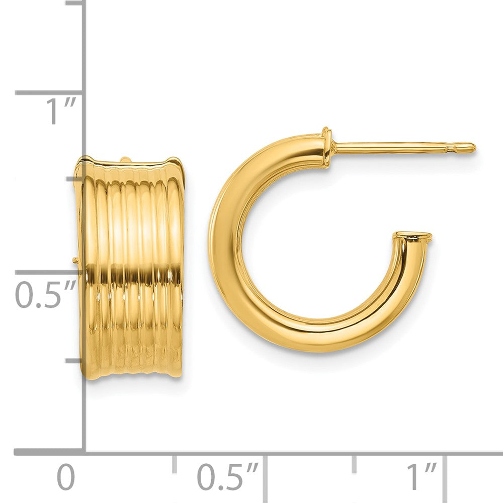 14k Yellow Gold Polished and Grooved J-Hoop Earrings