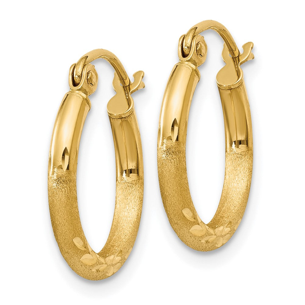 14k Yellow Gold Satin and Diamond-Cut 2mm Round Tube Hoop Earrings