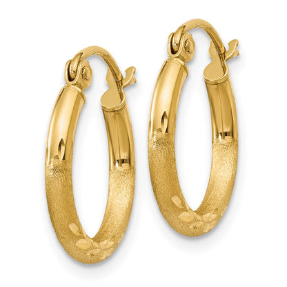 14k Yellow Gold Satin and Diamond-Cut 2mm Round Tube Hoop Earrings