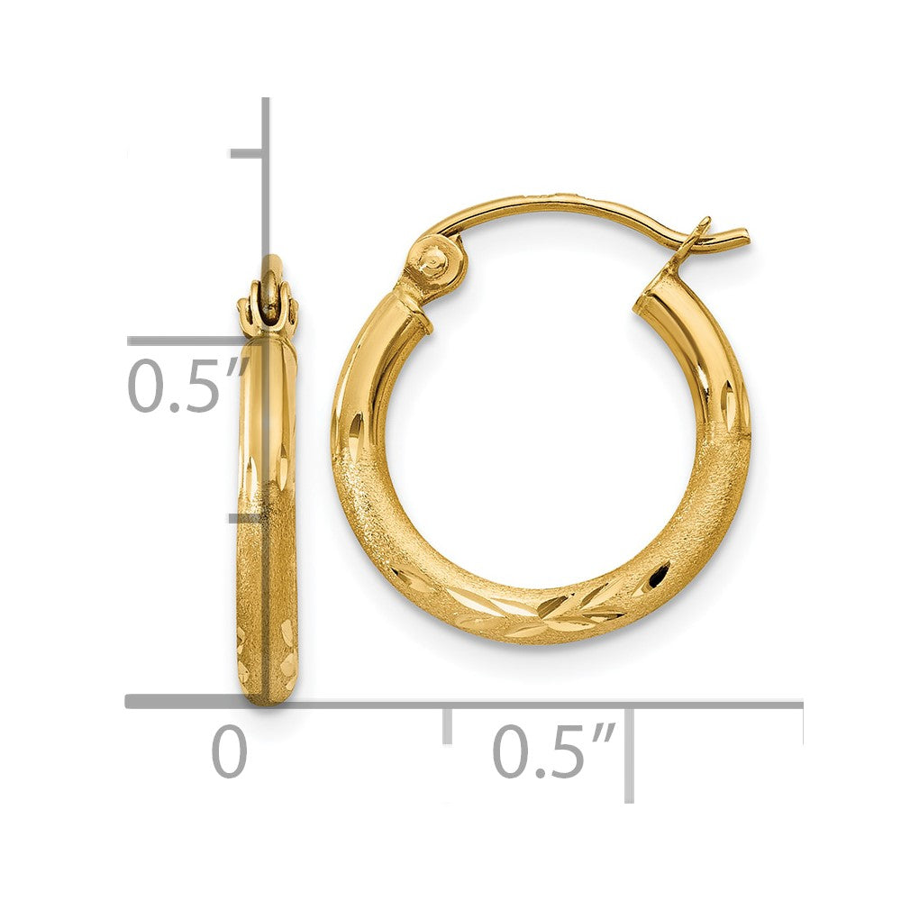 14k Yellow Gold Satin and Diamond-Cut 2mm Round Tube Hoop Earrings